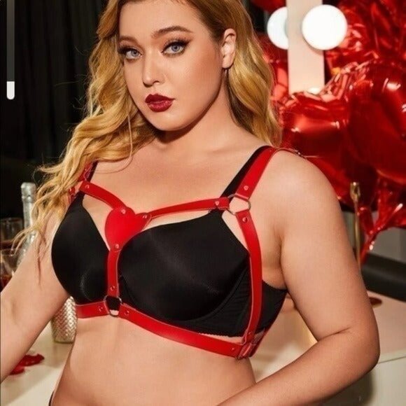 Red Vegan Leather Chest Body Harness Plus Size 1XL - Picture 4 of 5